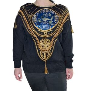 Vintage Embroidered Black Sweater with Gold Accents